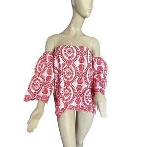 Chicwish Embroidered Off Shoulder‎ Blouse Sz Large Floral Red Ornate Scalloped